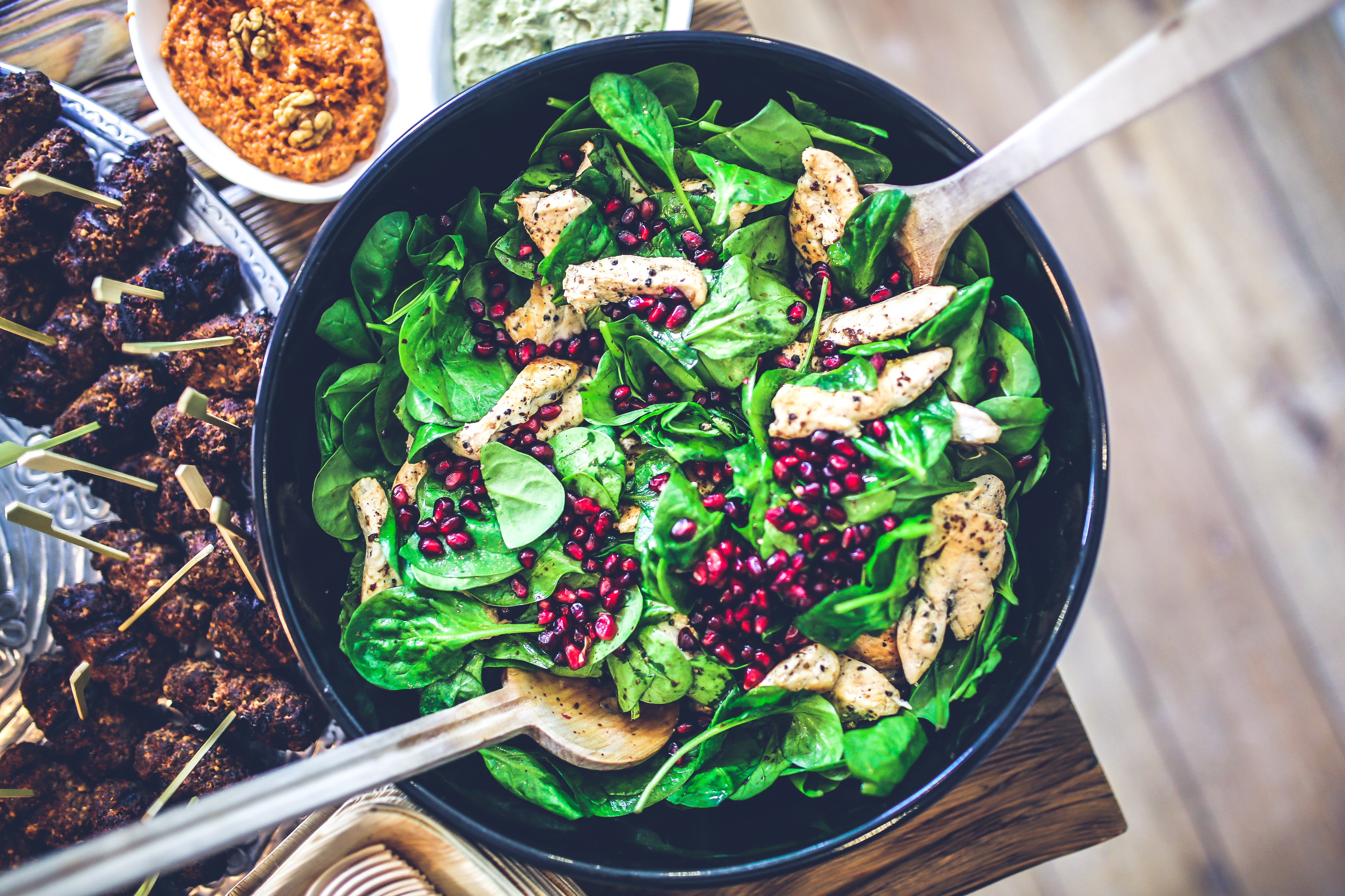 spinach, chicken, pomegranate