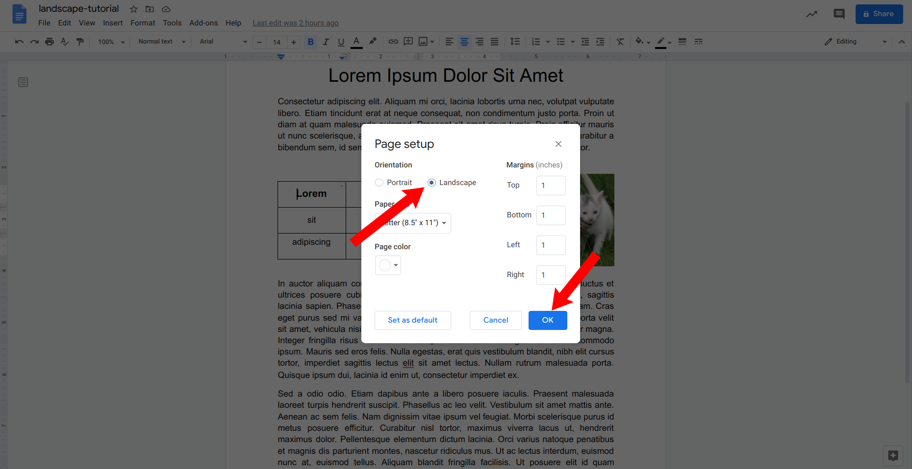 how to make google doc landscape