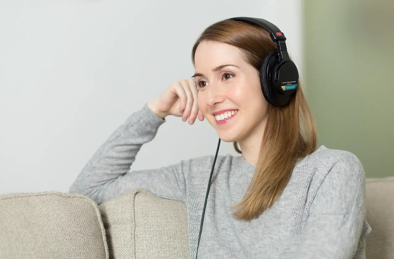 woman, headphones, music